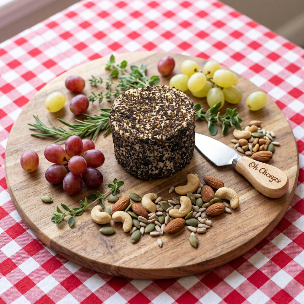 Black Pepper Chevre Black Pepper Chevre – Tangy vegan goat-style cheese crusted in cracked black pepper by Oh Cheezes Bali
