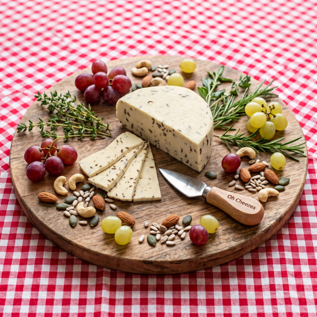 Caraway Havarti Caraway Havarti – Smooth vegan havarti-style cheese with aromatic caraway seeds by Oh Cheezes Bali