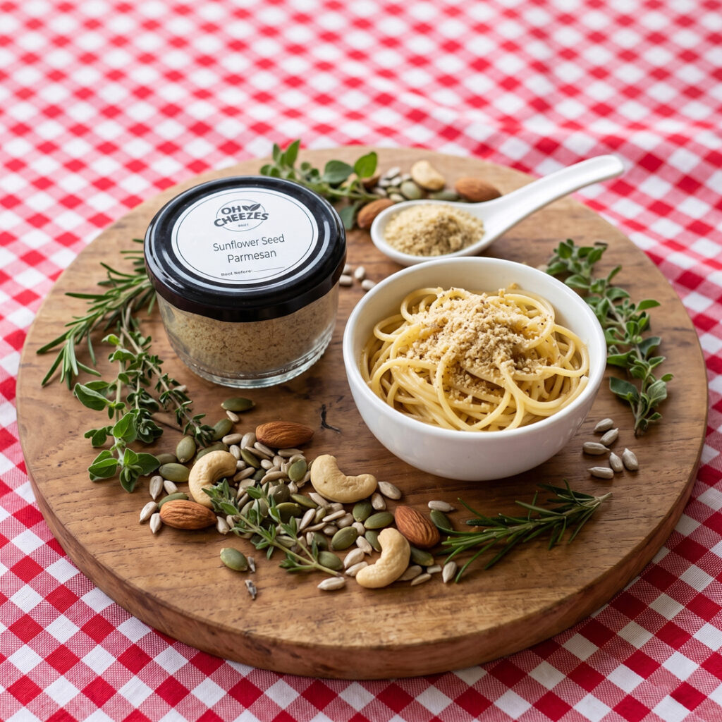 Grated Sunflower Seed Parmesan Grated Sunflower Parmesan – Ready-to-use nut-free plant-based parmesan shaker by Oh Cheezes Bali