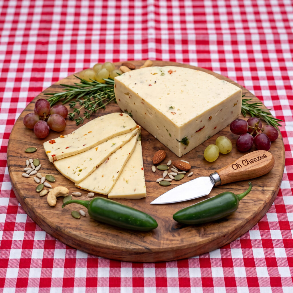 Jalapeno Havarti Jalapeno Havarti – Creamy vegan havarti-style cheese with spicy jalapeno bits by Oh Cheezes Bali