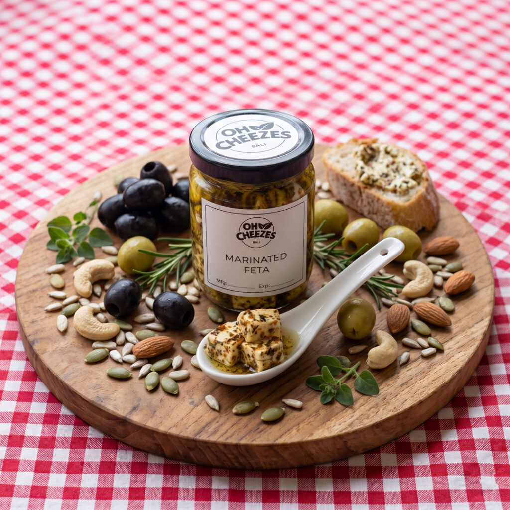 Marinated Feta Marinated Feta – Cubed vegan feta marinated in herb-infused oil by Oh Cheezes Bali