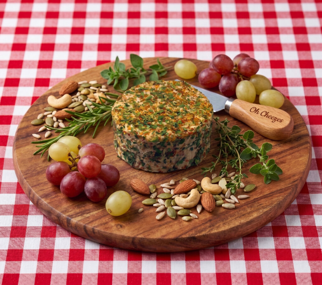 Mediterranean Chevre Mediterranean Chevre – Creamy vegan goat-style cheese with Mediterranean herbs by Oh Cheezes Bali